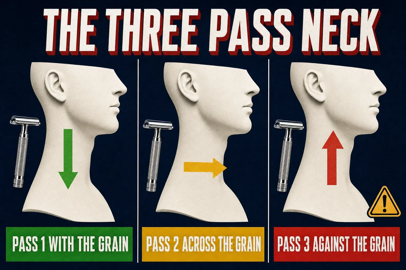 Three-panel infographic titled THE THREE PASS NECK on a deep navy background, panel one green banner PASS 1 WITH THE GRAIN with a downward arrow, panel two yellow banner PASS 2 ACROSS THE GRAIN with a sideways arrow, panel three red banner PASS 3 AGAINST THE GRAIN with an upward arrow and a small caution badge, bone white razor silhouette in each panel, no identifiable face