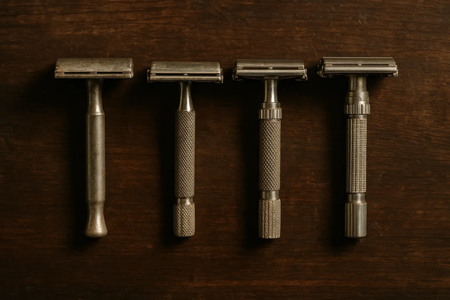 Four vintage double edge razors arranged left to right on aged wood, from a simple three piece to a butterfly door adjustable.