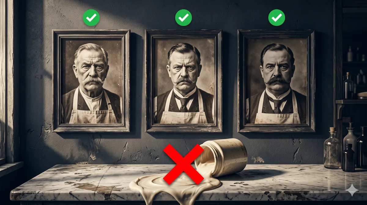 Three sepia-toned framed portraits of stern early-twentieth-century European barbers hung on a dark plaster wall, each with a green checkmark above, displayed over a worn marble counter where a tipped ceramic balm jar spills cream, marked with a large red X