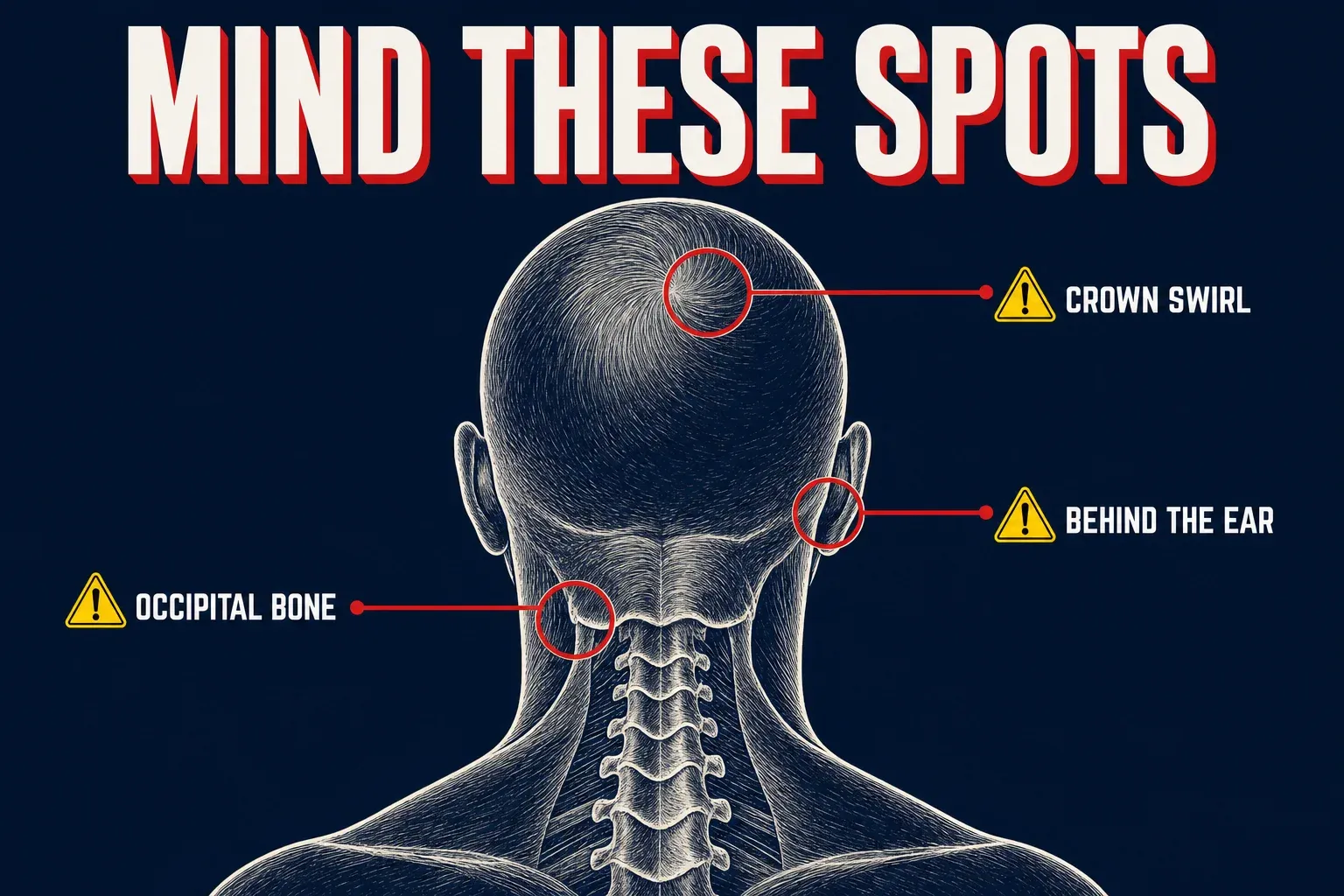 A back-of-head line diagram titled MIND THESE SPOTS on a deep navy background, a white outline of the back of a bald head and neck with three red circle callouts labeling the crown swirl at the top, the occipital bone ridge at the lower skull, and the area behind the ear, small caution markers, no identifiable face