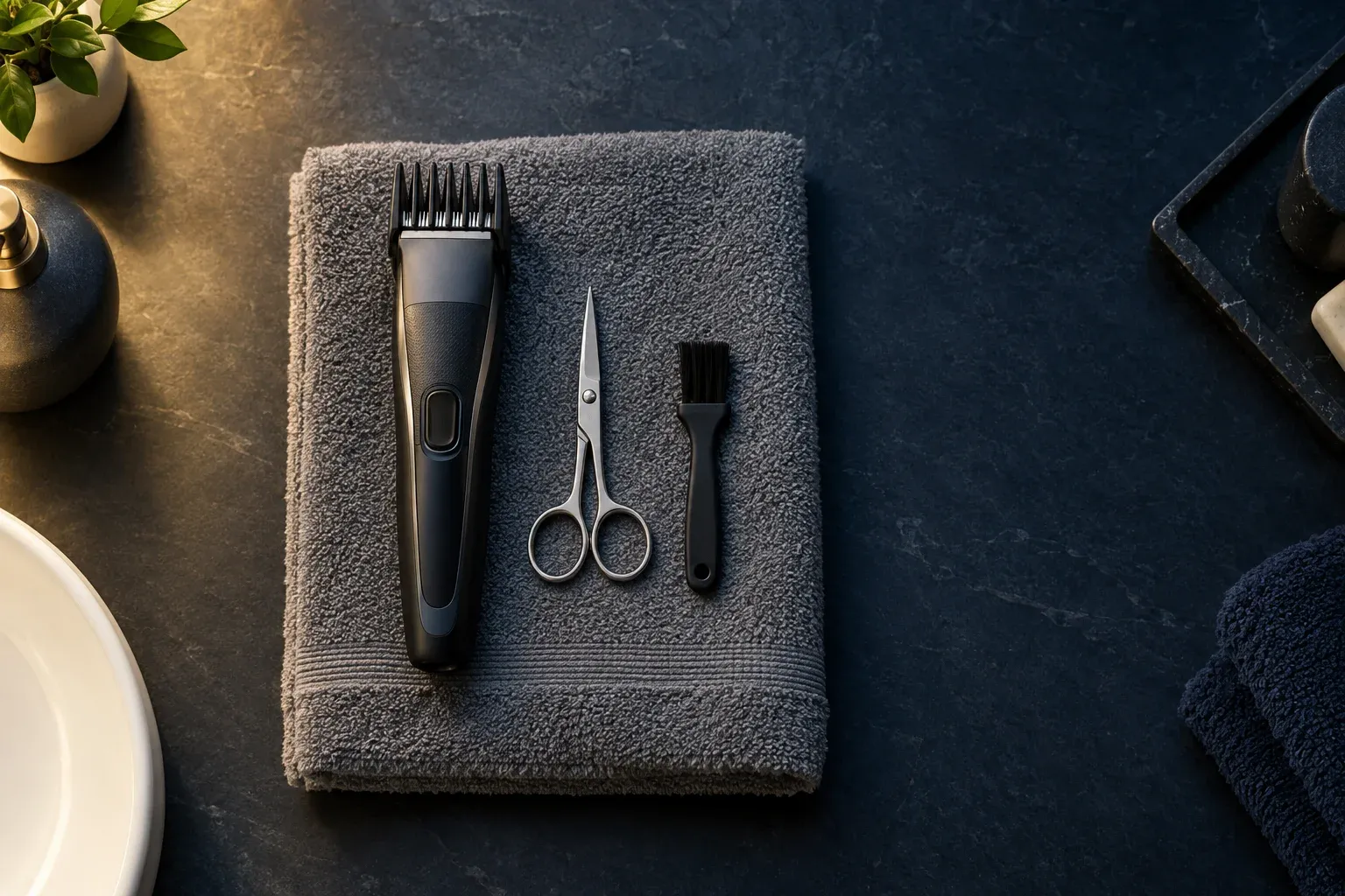 Overhead view of a cordless electric hair trimmer with a plastic guard comb attached, lying on a folded grey towel beside a small pair of grooming scissors and a cleaning brush on a dark slate counter