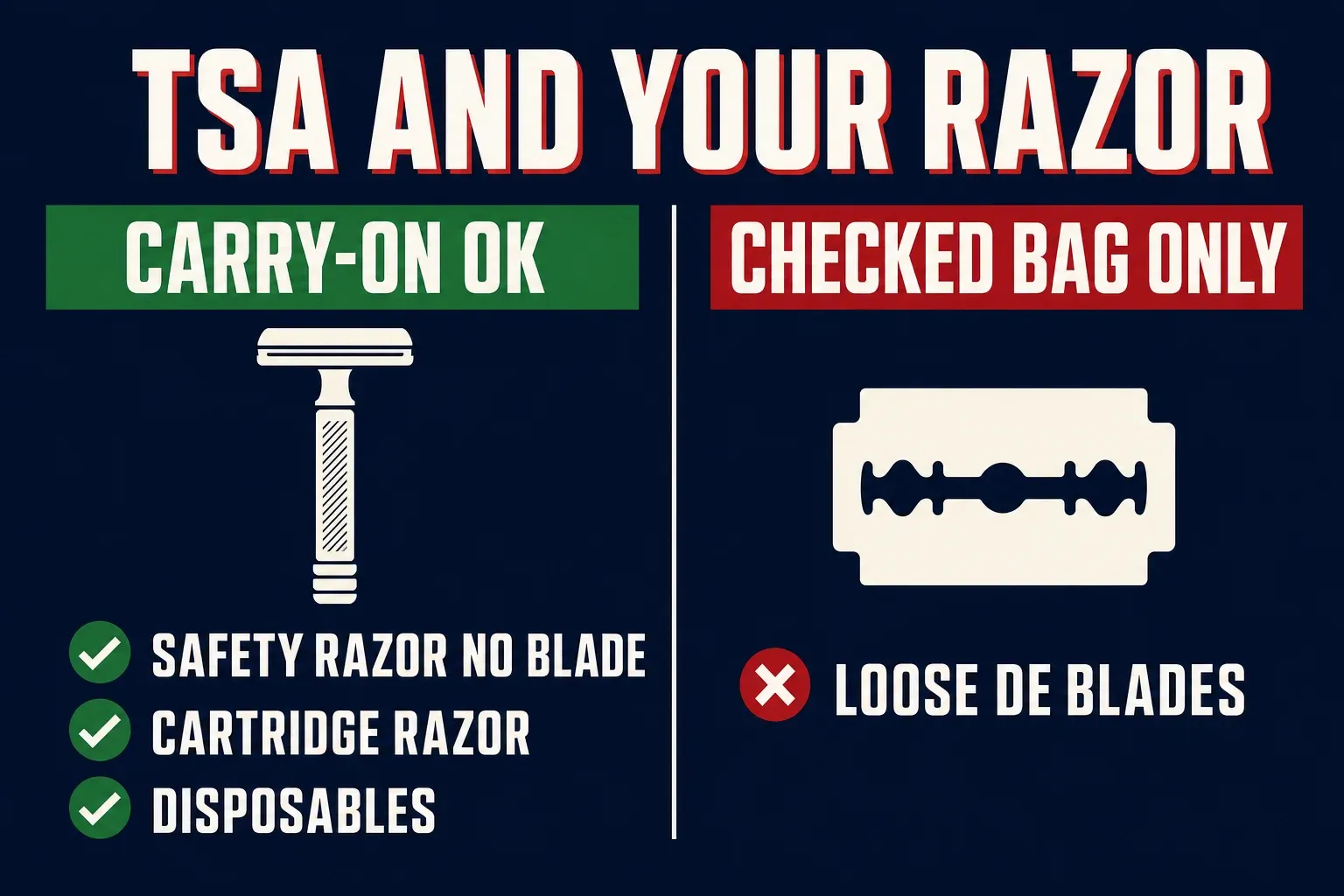 A two-column infographic titled TSA AND YOUR RAZOR on a deep navy background, left column a green header CARRY-ON OK with lines reading SAFETY RAZOR (NO BLADE), CARTRIDGE RAZOR, DISPOSABLES, right column a red header CHECKED BAG ONLY with lines reading LOOSE DE BLADES, with a razor icon and a blade icon, no identifiable face