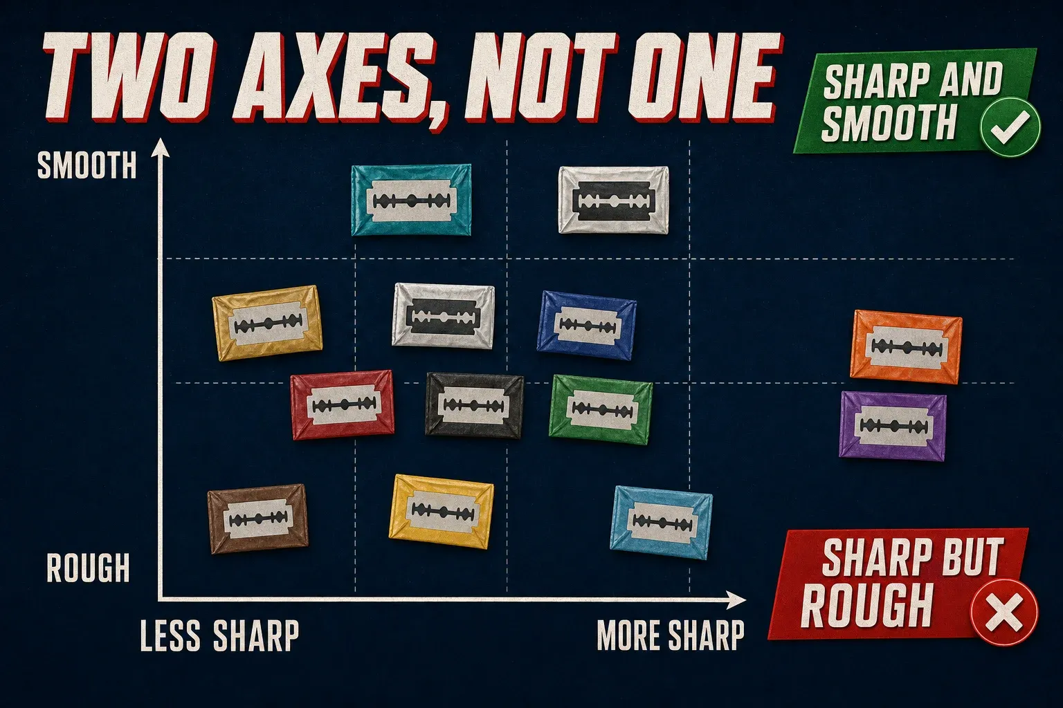 Two-axis chart titled TWO AXES, NOT ONE with sharpness on the horizontal axis labeled LESS SHARP on the left and MORE SHARP on the right, and smoothness on the vertical axis labeled ROUGH at the bottom and SMOOTH at the top. Twelve unbranded blade-wrapper icons in different colors are scattered across the chart at various plot positions. Green SHARP AND SMOOTH banner with a checkmark in the upper right corner, red SHARP BUT ROUGH banner with an X in the lower right corner.