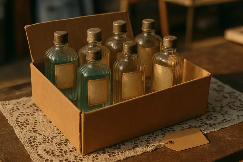A cardboard box of old ribbed glass aftershave bottles with aged blank labels and worn metal caps on an estate sale table.