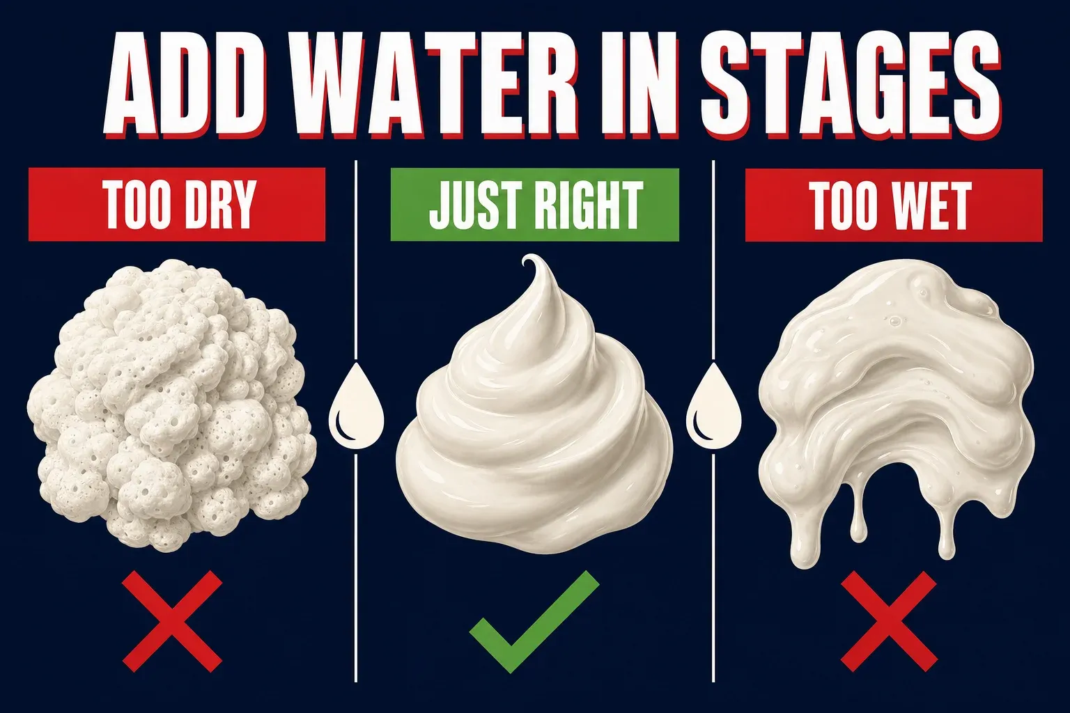 A three-stage progression infographic titled ADD WATER IN STAGES on a deep navy background, stage one labeled TOO DRY showing a bubbly stiff lather with a red X, stage two labeled JUST RIGHT showing a smooth glossy lather with a green check, stage three labeled TOO WET showing a runny thin lather with a red X, small water-drop icons between stages, no identifiable face