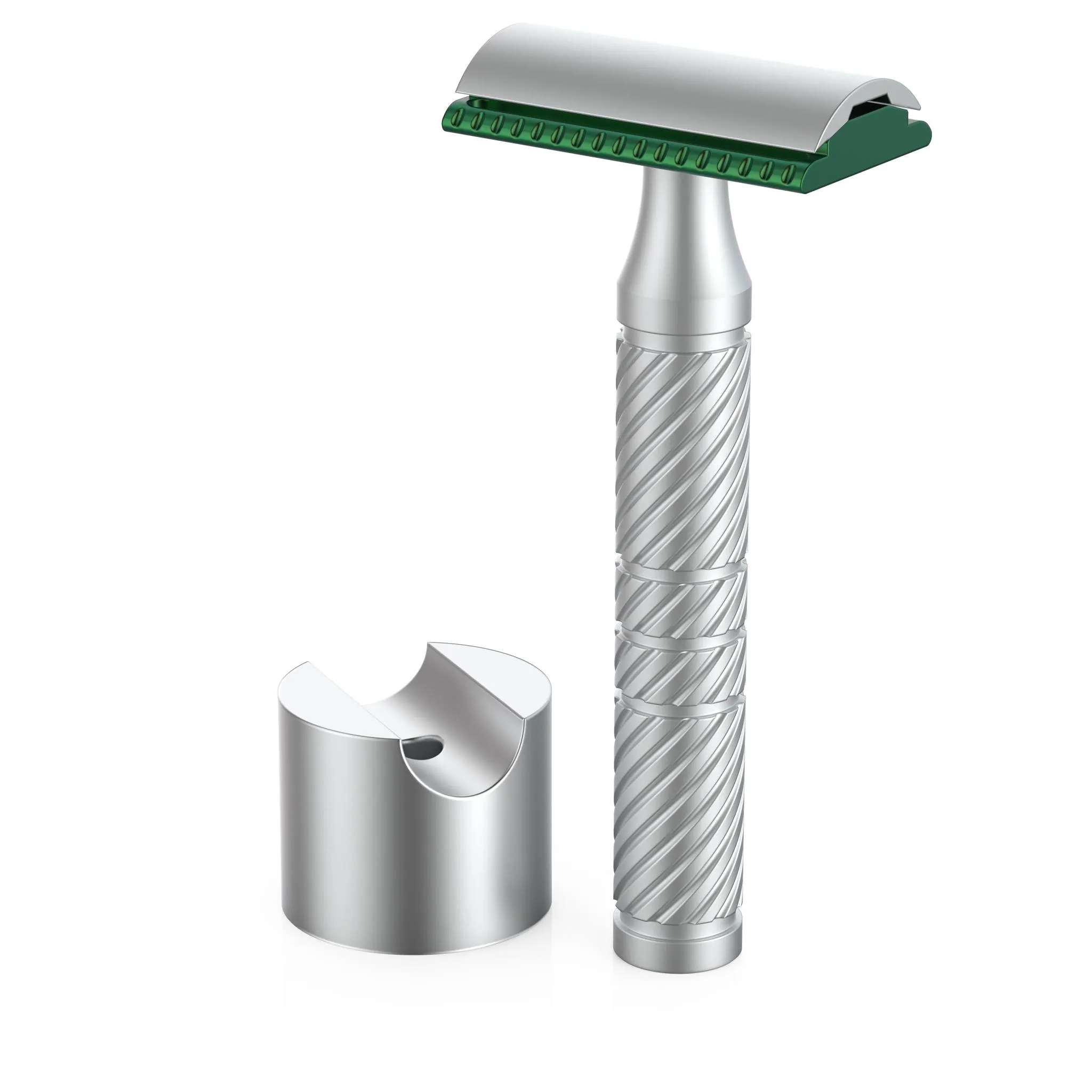Shave Dad × Alpha Shaving Works razor — head and baseplate detail showing the laser-etched Shave Dad logo