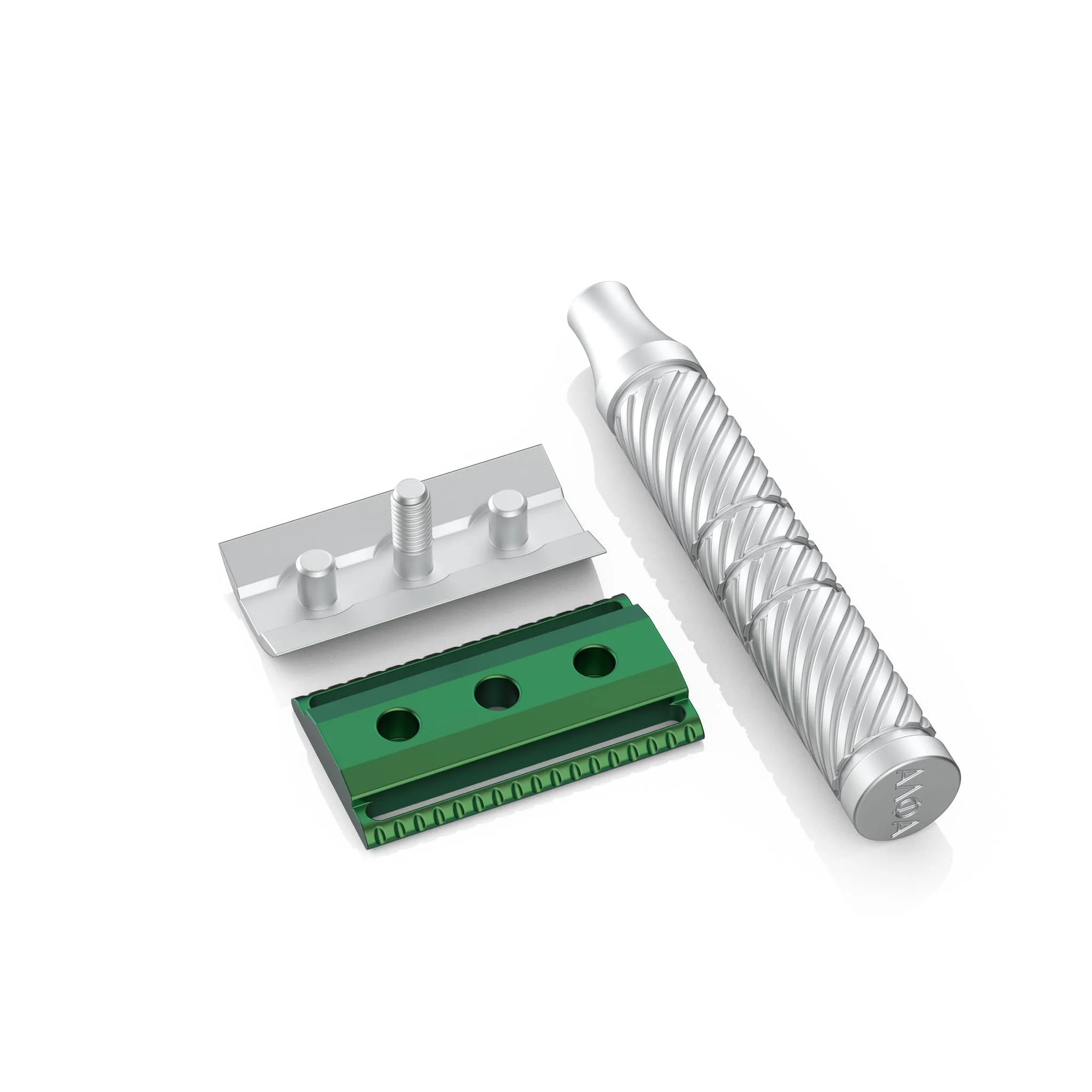 Shave Dad × Alpha Shaving Works razor — full razor showing the matte silver and green anodised finish on the handle and head