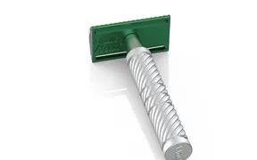 Shave Dad × Alpha Shaving Works aluminum DE razor, sandblasted matte silver/green anodised finish with laser-etched Shave Dad and Alpha logos