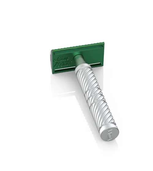 Shave Dad × Alpha Shaving Works aluminum DE razor — sandblasted matte silver/green anodised finish with laser-etched Shave Dad and Alpha logos