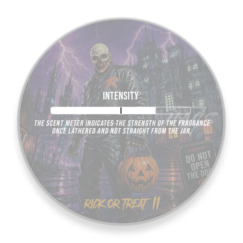 Bottom label of the HAGS Rick Or Treat II shaving soap jar, with the scent intensity meter