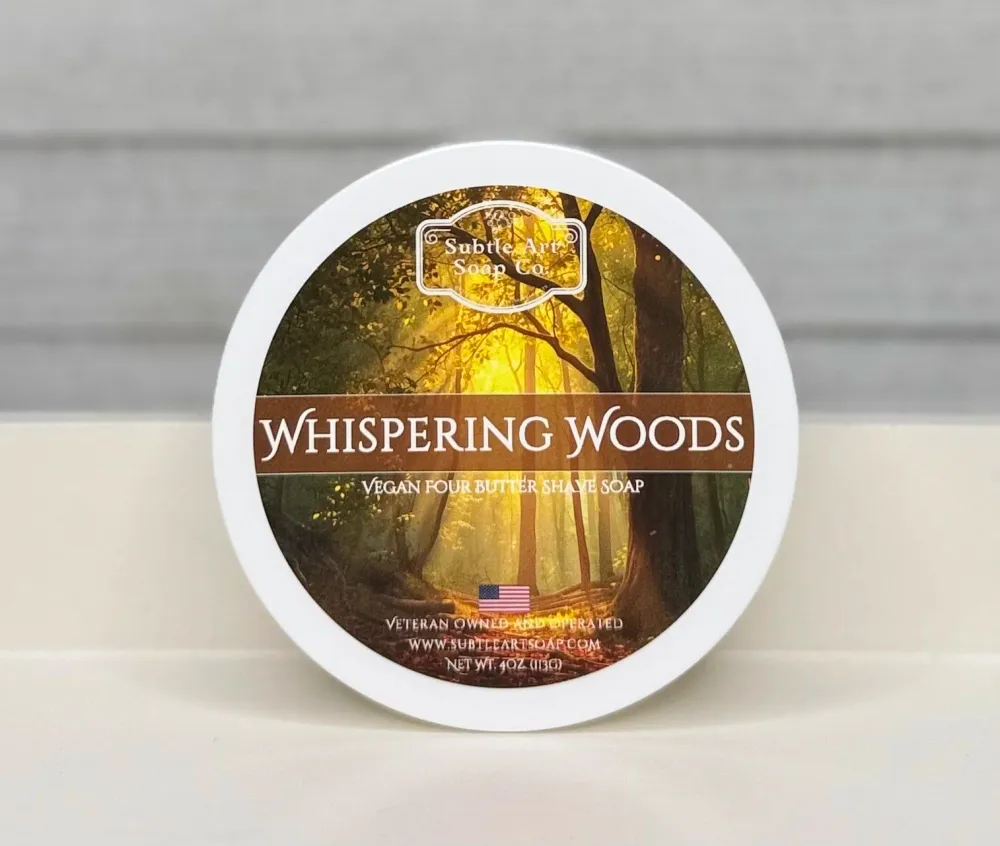 Subtle Art Soap Co. Whispering Woods shave soap, hand-poured V4B base in a glass jar