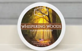 Subtle Art Soap Co. Whispering Woods shave soap jar on the new V4B vegan four-butter base