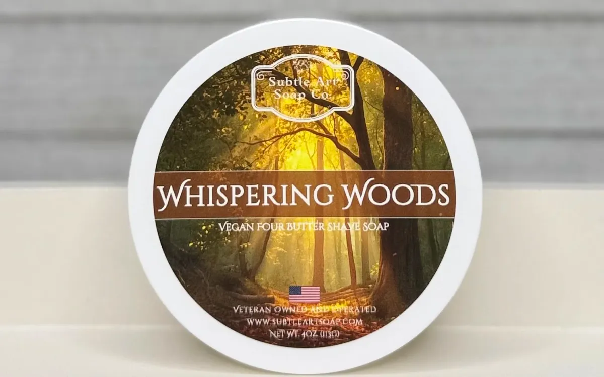 Subtle Art Soap Co. Whispering Woods shave soap jar on the new V4B vegan four-butter base