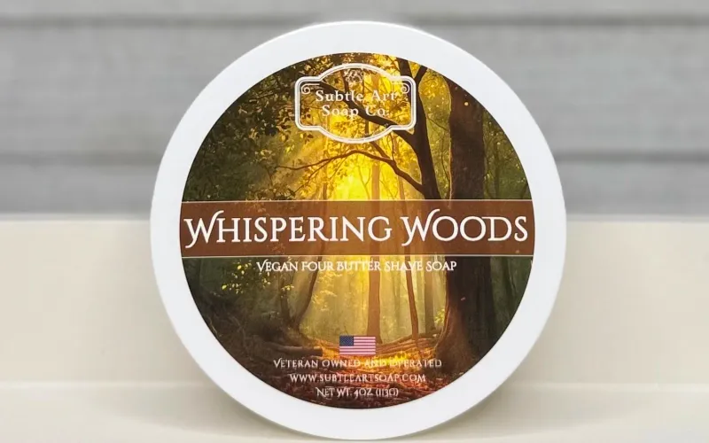 Subtle Art Soap Co. Whispering Woods shave soap jar on the new V4B vegan four-butter base