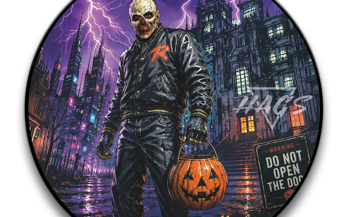 HAGS Rick Or Treat II shaving soap label, a masked figure in a black varsity jacket carrying a jack-o-lantern past a DO NOT OPEN THE DOOR sign