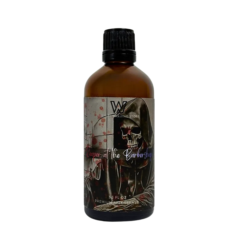 Reaper at the Barbershop aftershave splash, an amber glass bottle with the reaper label, 3.3 fl oz Premium Aftershave