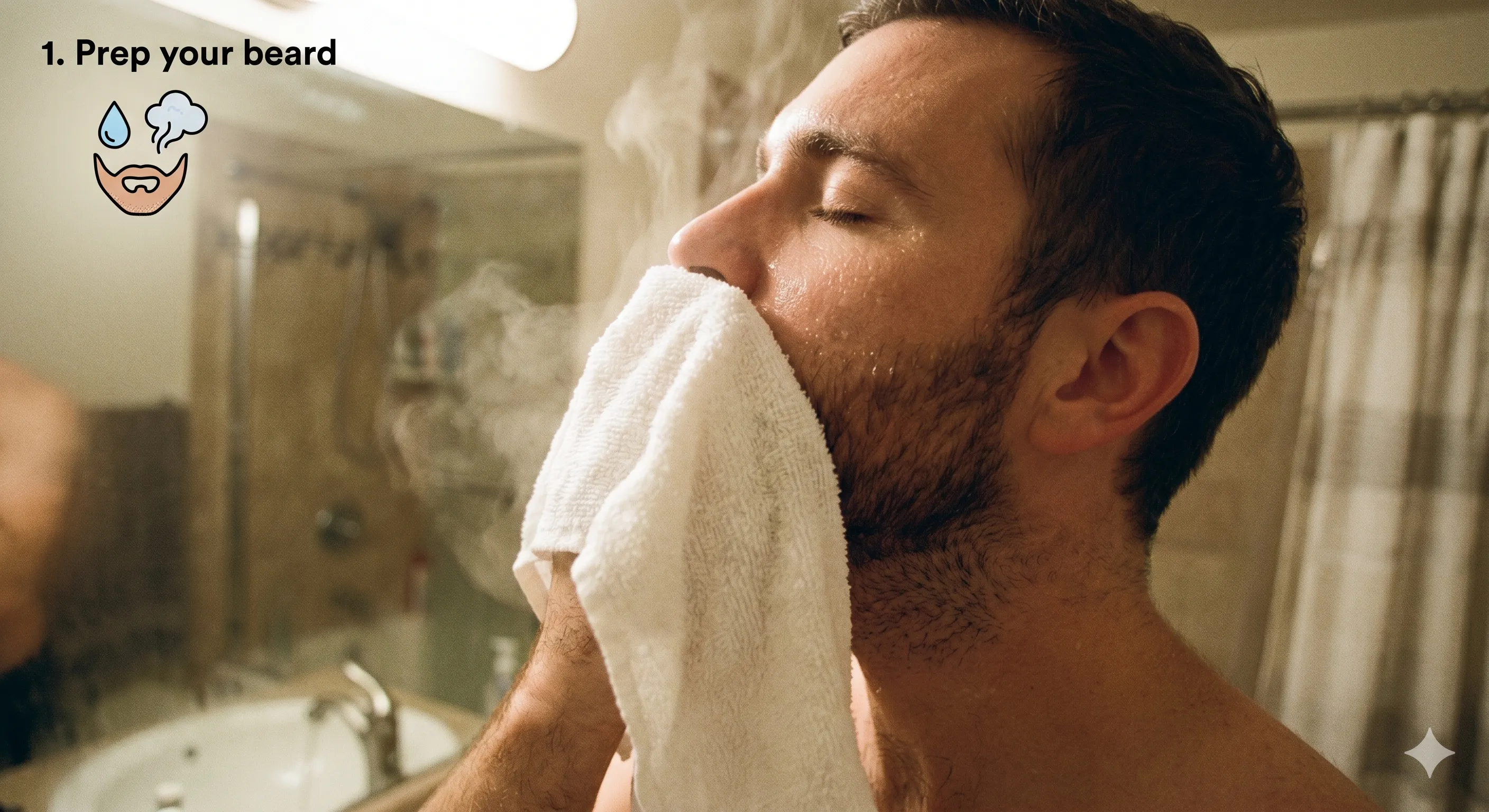 Wet shaver pressing a steaming hot towel against his jaw at the bathroom sink, the captioned Prep your beard step illustration from the Shave Dad guide