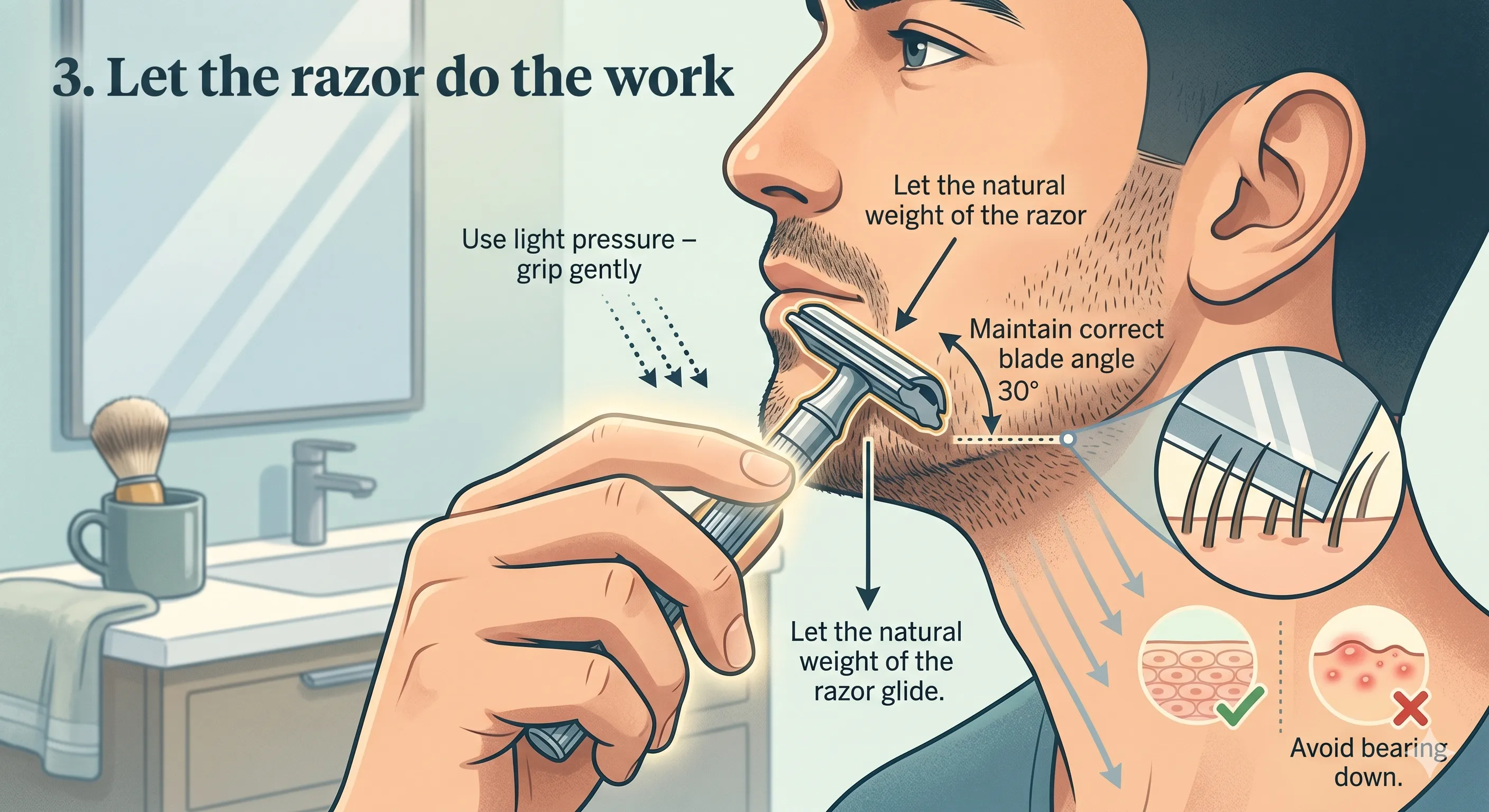Annotated illustration of a wet shaver holding a DE safety razor against his cheek with a light grip, labelled callouts pointing to the correct 30 degree blade angle, the natural weight of the razor doing the cutting, and a contrast diagram showing healthy skin versus the bumps and irritation that come from bearing down