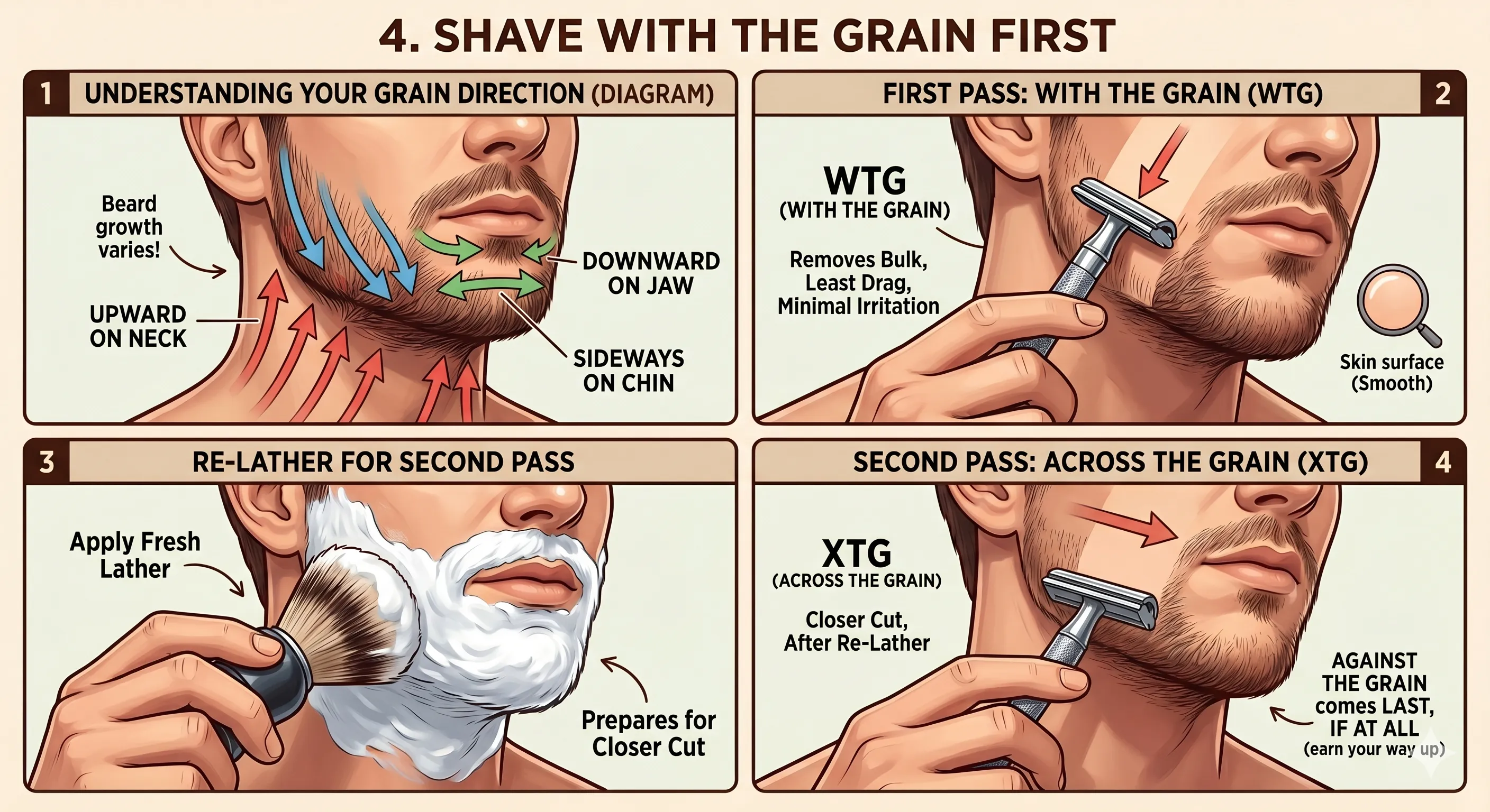 Four-panel diagram explaining the grain-first shaving sequence: panel 1 maps beard growth direction with arrows showing upward on the neck, downward on the jaw, and sideways on the chin; panel 2 shows the first pass going with the grain to remove bulk with minimal irritation; panel 3 shows re-lathering before the second pass; panel 4 shows the second pass going across the grain for a closer cut, with a footnote noting against-the-grain comes last if at all