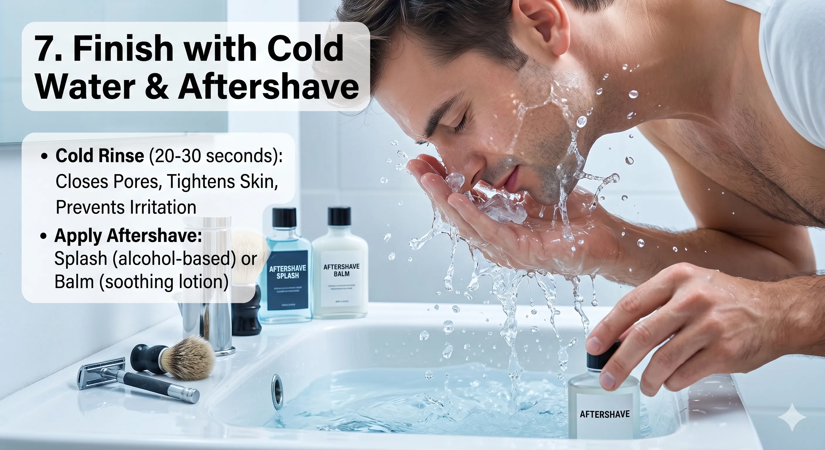 A wet shaver leaning over the bathroom sink and splashing cold water on his face after the shave, with a razor and brush on the counter alongside a labelled aftershave splash bottle and an aftershave balm bottle; an instructional caption describes the 20 to 30 second cold rinse that tightens the skin and calms post-shave inflammation, alongside a second caption explaining the splash (alcohol-based) versus balm (soothing lotion) choice for the aftershave step