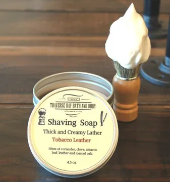 Tobacco Leather Shaving Soap in a reusable tin