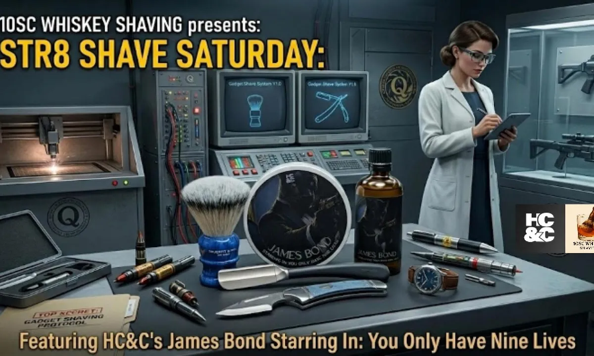 10SC Whiskey Shaving STR8 Shave Saturday video thumbnail featuring HC&C James Bond You Only Have Nine Lives