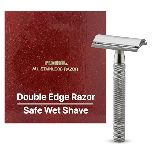Feather All Stainless Steel Double Edge Safety Razor AS-D2 - Weighted Handle for Grip and Precision Shaving - Includes 5 Hi-Stainless Replacement Blades for Men & Barbers - Made in Japan