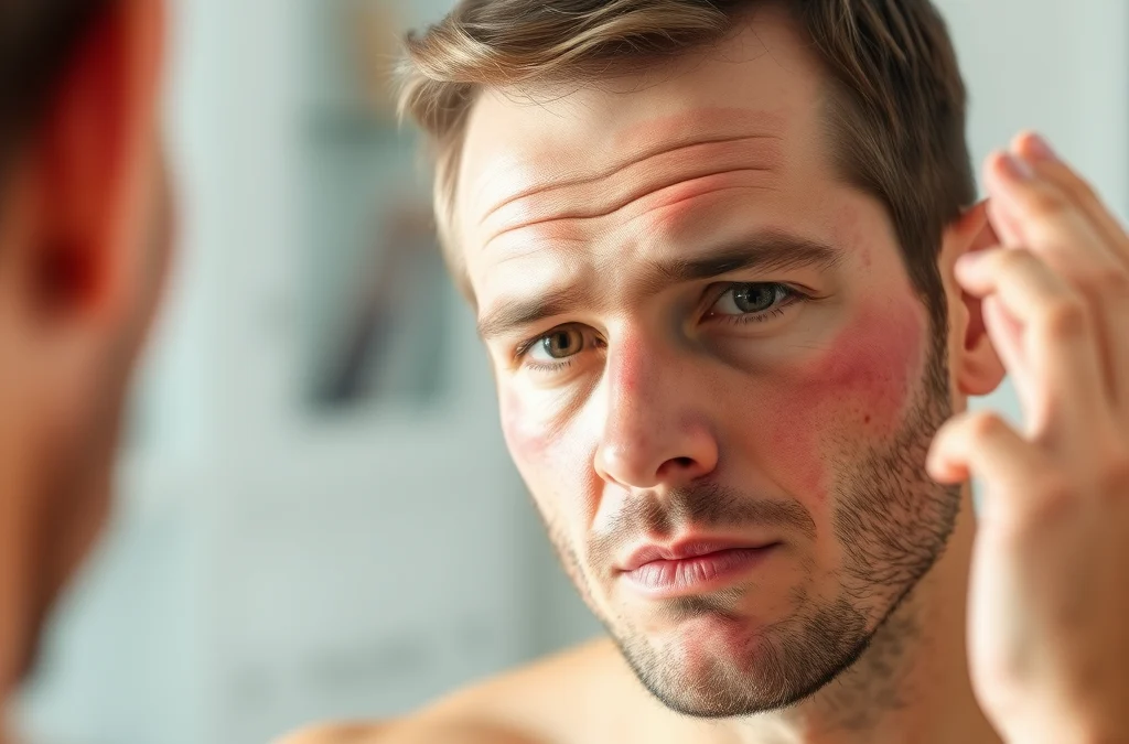 A close-up image of a man with rosacea, highlighting redness on his cheeks, looking into a mirror.