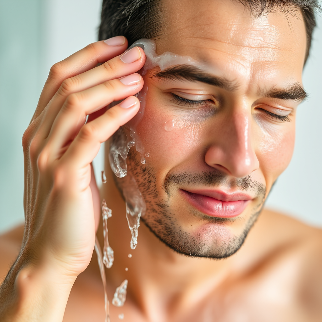 A man rinsing his face with water, emphasizing gentleness and care.